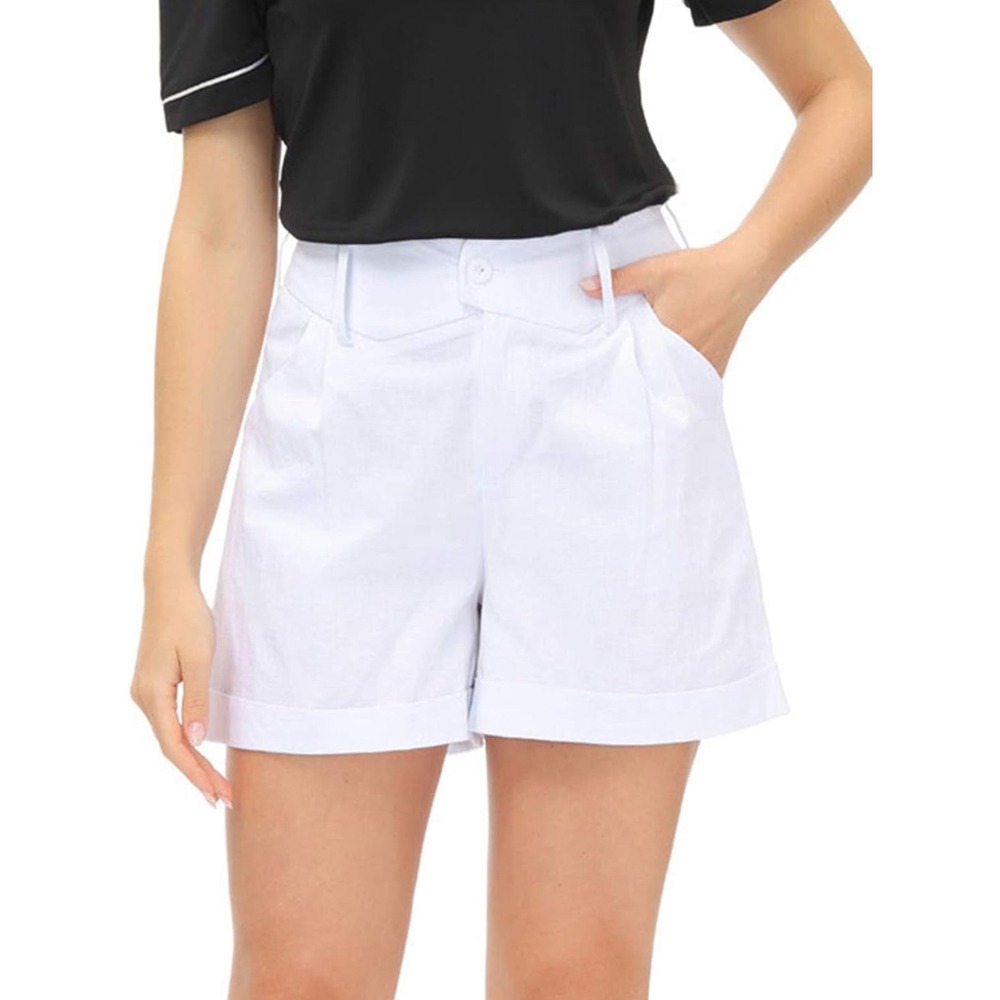 Belle Poque Womens White High Waisted‎ Pleated Dressy Shorts Retro Cuffed NEW